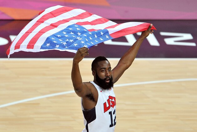 LONDON, ENGLAND - AUGUST 12: James Harden #12 of the United States celebrates winning the Men's Basketball gold medal game between the United States and Spain on Day 16 of the London 2012 Olympics Games at North Greenwich Arena on August 12, 2012 in London, England.  (Photo by Pascal Le Segretain/Getty Images)