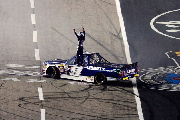 FORT WORTH, TX - JUNE 10:  William Byron, driver of the #9 Liberty University Toyota, celebrates after winning the NASCAR Camping World Truck Series Rattlesnake 400 at Texas Motor Speedway on June 10, 2016 in Fort Worth, Texas.  (Photo by Robert Laberge/Getty Images for Texas Motor Speedway)