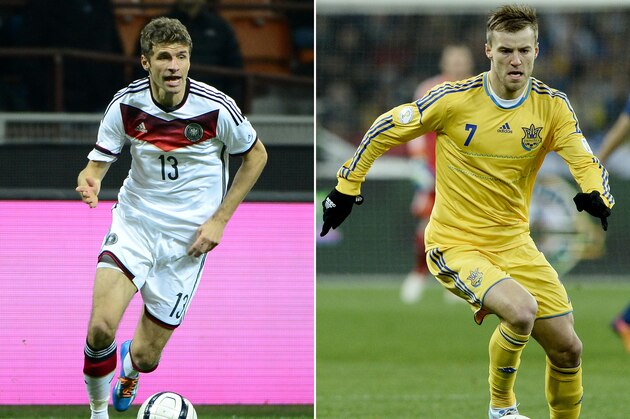 A combination of two file pictures shows Germany's midfielder Thomas Mueller (L) in Milan on November 15, 2013 and Ukraine's midfielder Andriy Yarmolenko in Kiev on November 15, 2013.
Germany will face Ukraine in their Euro 2016 Group C football match in Lille on June 12, 2016. / AFP / OLIVIER MORIN AND FRANCK FIFE        (Photo credit should read OLIVIER MORIN,FRANCK FIFE/AFP/Getty Images)
