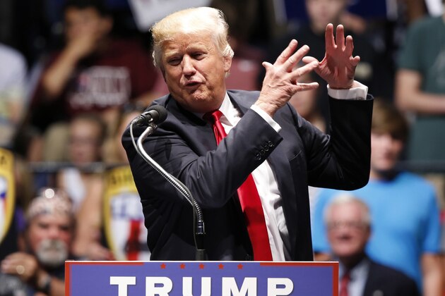 Republican presidential candidate Donald Trump gestures during a rally in Richmond, Va., Friday, June 10, 2016. (AP Photo/Steve Helber)