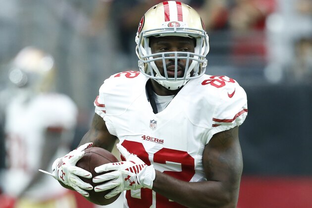 San Francisco 49ers wide receiver Torrey Smith (82) against the Arizona Cardinals during the first half of an NFL football game, Sunday, Sept. 27, 2015, in Glendale, Ariz.  (AP Photo/Rick Scuteri)