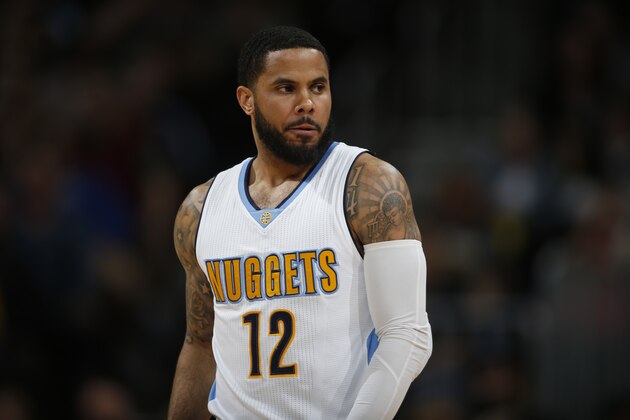 Denver Nuggets guard D.J. Augustin (12) in the first half of an NBA basketball game Friday, April 8, 2016, in Denver. (AP Photo/David Zalubowski)