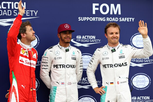 MONTREAL, QC - JUNE 11:  Top three qualifiers Lewis Hamilton of Great Britain and Mercedes GP, Nico Rosberg of Germany and Mercedes GP, and Sebastian Vettel of Germany and Ferrari in parc ferme during qualifying for the Canadian Formula One Grand Prix at Circuit Gilles Villeneuve on June 11, 2016 in Montreal, Canada.  (Photo by Mark Thompson/Getty Images)