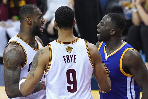 CLEVELAND, OH - JUNE 10:  LeBron James #23 of the Cleveland Cavaliers exchanges words with Draymond Green #23 of the Golden State Warriors during the second half in Game 4 of the 2016 NBA Finals at Quicken Loans Arena on June 10, 2016 in Cleveland, Ohio. NOTE TO USER: User expressly acknowledges and agrees that, by downloading and or using this photograph, User is consenting to the terms and conditions of the Getty Images License Agreement.  (Photo by Jason Miller/Getty Images)