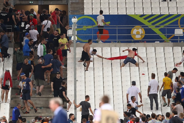 MARSEILLE, FRANCE - JUNE 11:  Fnas clash during the UEFA EURO 2016 Group B match between England and Russia at Stade Velodrome on June 11, 2016 in Marseille, France.  (Photo by Lars Baron/Getty Images)