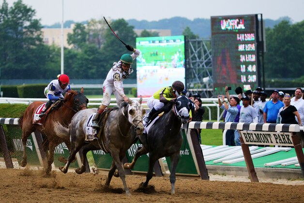 ELMONT, NY - JUNE 11:  Creator with jockey Irad Ortiz Jr. up leads the field to the finish to win the The 148th running of the Belmont Stakes at Belmont Park on June 11, 2016 in Elmont, New York.  (Photo by Mike Stobe/Getty Images)