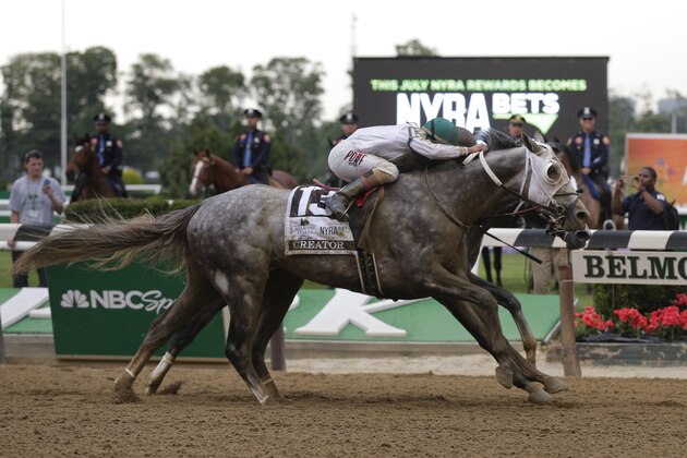 Creator, with jockey Irad Ortiz Jr. up, edges out Lani, with Yutaka Take up, to win the 148th running of the Belmont Stakes horse race, Saturday, June 11, 2016, in Elmont, N.Y. (AP Photo/Julie Jacobson)
