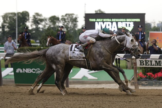 Creator, with jockey Irad Ortiz Jr. up, edges out Lani, with Yutaka Take up, to win the 148th running of the Belmont Stakes horse race, Saturday, June 11, 2016, in Elmont, N.Y. (AP Photo/Julie Jacobson)