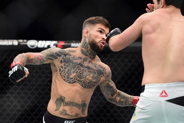Feb 21, 2016; Pittsburgh, PA, USA; Cody Garbrandt (red gloves) competes against Augusto Mendes (blue gloves) during UFC Fight Night at the Consol Energy Center. Mandatory Credit: David Dermer-USA TODAY Sports