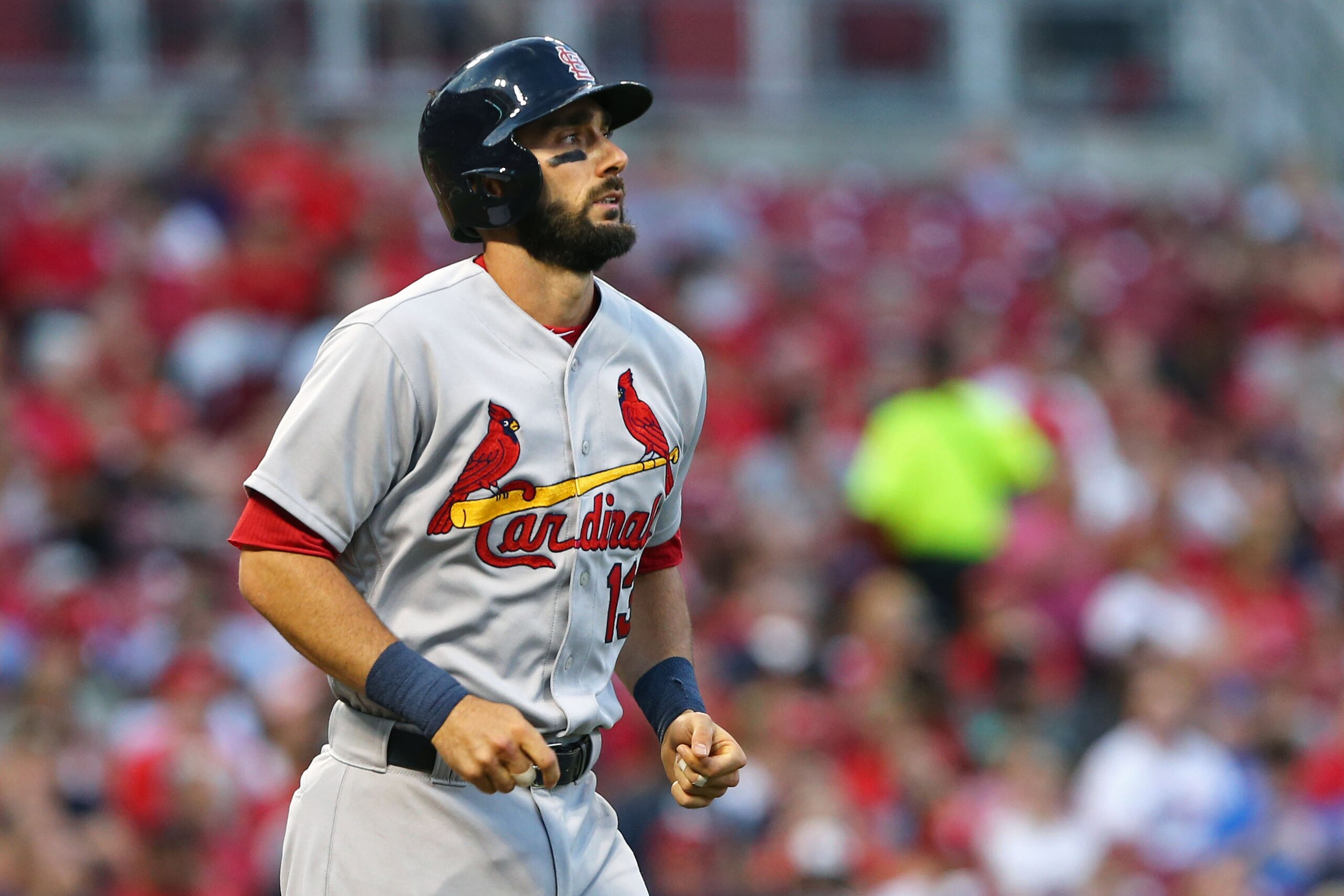 St. Louis Cardinals third baseman Matt Carpenter walks to first base during the sixth inning of a baseball game against the Cincinnati Reds, Thursday, June 9, 2016, in Cincinnati. The Cardinals won 3-2. (AP Photo/Aaron Doster)
