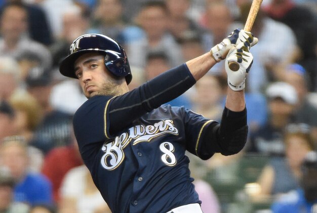 Jun 1, 2016; Milwaukee, WI, USA; Milwaukee Brewers left fielder Ryan Braun (8) hits a single in the third inning during the game against the St. Louis Cardinals at Miller Park. Mandatory Credit: Benny Sieu-USA TODAY Sports