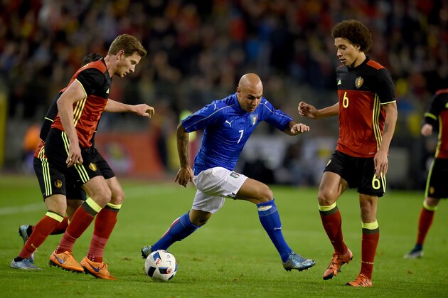 BRUSSELS, BELGIUM - NOVEMBER 13:  Simone Zaza of Italy (C) in action during the intermational friendly match between Belgium and Italy at King Baudouin Stadium on November 13, 2015 in Brussels, Belgium.  (Photo by Claudio Villa/Getty Images)