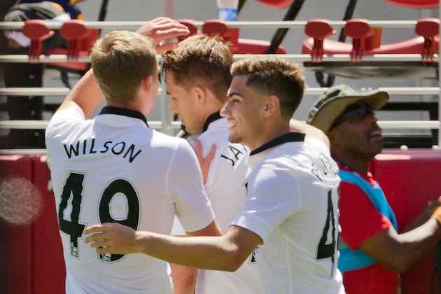 SANTA CLARA, CA - JULY 25:  Adnan Januzaj #11 of Manchester United celebrates a goal against FC Barcelona in the 90th plus minute with James Wilson #49 and Andreas Pereira #44 during the International Champions Cup on July 25, 2015 at Levi's Stadium in Santa Clara, California.  Manchester United won 3-1.  (Photo by Brian Bahr/Getty Images)