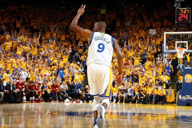 OAKLAND, CA - JUNE 5:  Andre Iguodala #9 of the Golden State Warriors celebrates during the game against the Cleveland Cavaliers in Game Two of the 2016 NBA Finals on June 5, 2016 at Oracle Arena in Oakland, California. NOTE TO USER: User expressly acknowledges and agrees that, by downloading and or using this photograph, user is consenting to the terms and conditions of Getty Images License Agreement. Mandatory Copyright Notice: Copyright 2016 NBAE (Photo by Nathaniel S. Butler/NBAE via Getty Images)