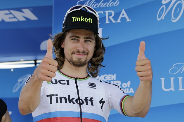FILE - In this May 15, 2016, file photo, Peter Sagan, of Slovakia, reacts after winning stage one of the Amgen Tour of California cycling race, in San Diego. World road race champion Peter Sagan will seek Olympic gold in Rio on his mountain bike. The Slovak Olympic Committee announced Tuesday, June 7, 2016, that Sagan, one of the most popular and successful cyclists in the world, was awarded its lone starting spot in the mountain biking event at the Summer Games. (AP Photo/Gregory Bull, File)