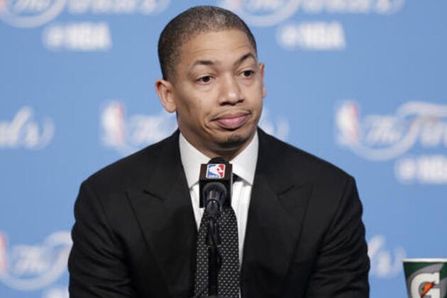 Cleveland Cavaliers coach Tyronn Lue answers questions during a news conference after Game 4 of the NBA basketball Finals against the Golden State Warriors, early Saturday, June 11, 2016, in Cleveland. The Warriors won 108-97. (AP Photo/Ron Schwane)