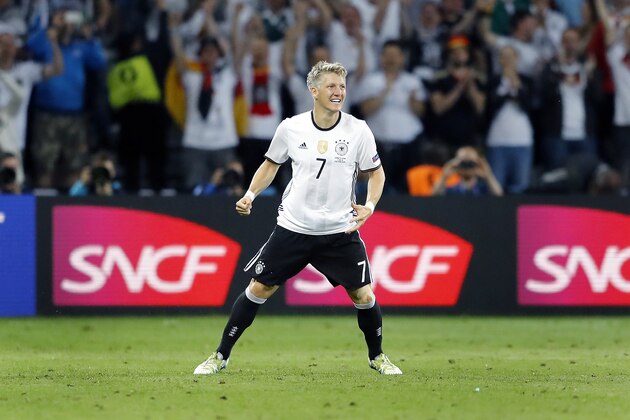 Germany's Bastian Schweinsteiger celebrates at the end of the Euro 2016 Group C soccer match between Germany and Ukraine at the Pierre Mauroy stadium in Villeneuve d’Ascq, near Lille, France, Sunday, June 12, 2016. (AP Photo/Frank Augstein)
