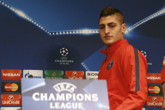 Paris Saint Germain midfielder Marco Verratti arrives for a press conference on the eve of the Champions League round of 16, 1st leg soccer match between PSG and Chelsea at the Parc des Princes stadium in Paris, France, Monday, Feb. 15, 2016. (AP Photo/Francois Mori)