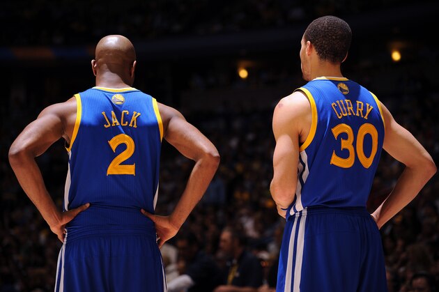 DENVER, CO - APRIL 30: Jarrett Jack #2 and Stephen Curry #30 of the Golden State Warriors look on in Game Five of the Western Conference Quarterfinals against the Denver Nuggets during the 2013 NBA Playoffs on April 30, 2013 at the Pepsi Center in Denver, Colorado. NOTE TO USER: User expressly acknowledges and agrees that, by downloading and/or using this Photograph, user is consenting to the terms and conditions of the Getty Images License Agreement. Mandatory Copyright Notice: Copyright 2013 NBAE (Photo by Garrett W. Ellwood/NBAE via Getty Images)