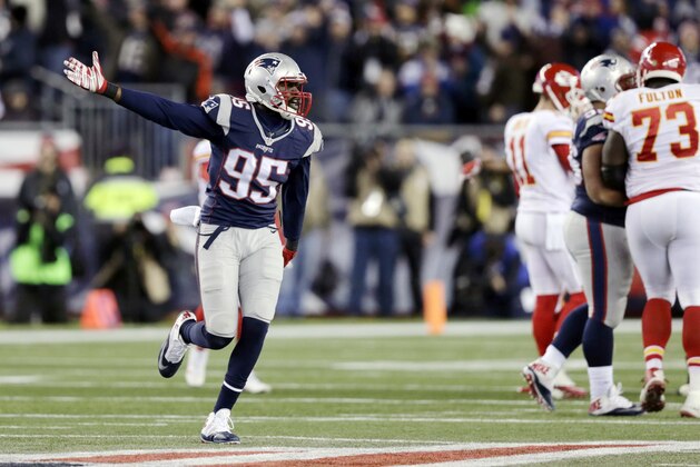 New England Patriots defensive end Chandler Jones (95) celebrates after his team recovered a fumble by the Kansas City Chiefs in the second half of an NFL divisional playoff football game, Saturday, Jan. 16, 2016, in Foxborough, Mass. (AP Photo/Charles Krupa)
