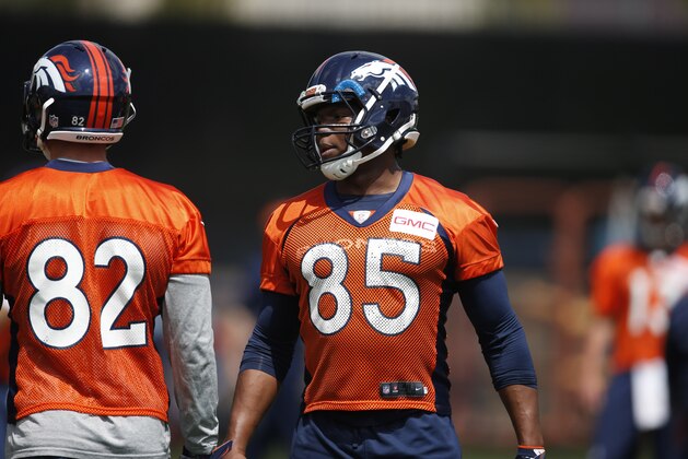 Denver Broncos tight end Virgil Green (85) during an NFL football practice Tuesday, May 31, 2016, at the team's headquarters in Englewood, Colo. (AP Photo/David Zalubowski)