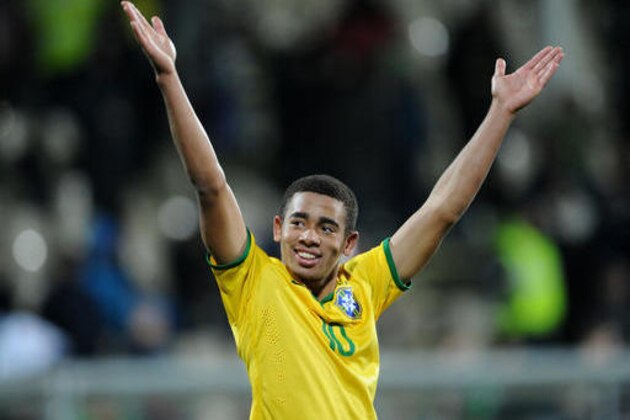 FILE - In this June 17, 2015 file photo, Brazil's Gabriel Jesus celebrates following a U20 soccer World Cup semifinal game against Senegal in Christchurch, New Zealand. Brazil football fans are more excited with their young Olympic team than with the squad playing now at Copa America Centenario in the United States. The main reason is 19-year-old Jesus, a striker at Sao Paulo club Palmeiras, who may wind up being the star in the Olympics as Brazil shoots for its first soccer gold medal.(AP Photo/Ross Setford, File)
