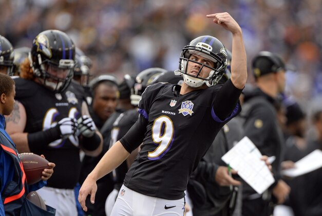 Dec 27, 2015; Baltimore, MD, USA; Baltimore Ravens kicker Justin Tucker (9) signals to wide receiver Kaelin Clay (81) (not pictured) during the second quarter against the Pittsburgh Steelers at M&T Bank Stadium. Mandatory Credit: Tommy Gilligan-USA TODAY Sports