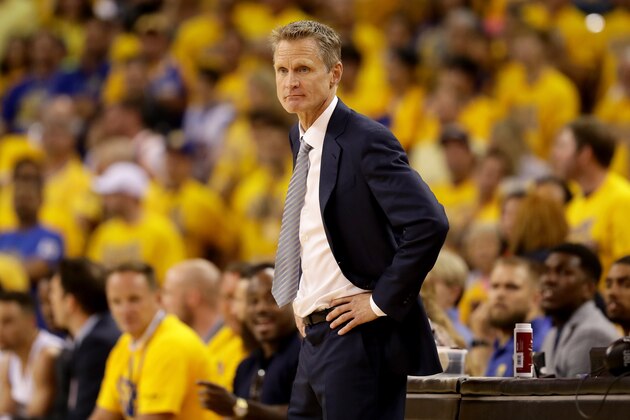 OAKLAND, CA - JUNE 05:  Steve Kerr of the Golden State Warriors looks on during Game 2 of the 2016 NBA Finals against the Cleveland Cavaliers at ORACLE Arena on June 5, 2016 in Oakland, California. NOTE TO USER: User expressly acknowledges and agrees that, by downloading and or using this photograph, User is consenting to the terms and conditions of the Getty Images License Agreement.  (Photo by Ezra Shaw/Getty Images)