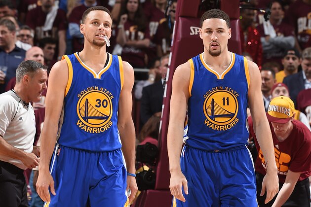 CLEVELAND, OH - JUNE 8:  Stephen Curry #30 and Klay Thompson #11 of the Golden State Warriors during the game against the Cleveland Cavaliers in Game Three of the 2016 NBA Finals on June 8, 2016 at The Quicken Loans Arena in Cleveland, Ohio. NOTE TO USER: User expressly acknowledges and agrees that, by downloading and/or using this Photograph, user is consenting to the terms and conditions of the Getty Images License Agreement. Mandatory Copyright Notice: Copyright 2016 NBAE (Photo by Andrew D. Bernstein/NBAE via Getty Images)