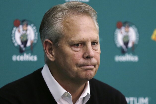 Boston Celtics President of Basketball Operations Danny Ainge pauses while answering a reporter's question at the baskeball team's training facility in Waltham, Mass., Tuesday, May 17, 2016. The team was awarded the third NBA draft pick in the lottery. The Celtics have never won the first pick in the draft. (AP Photo/Charles Krupa)