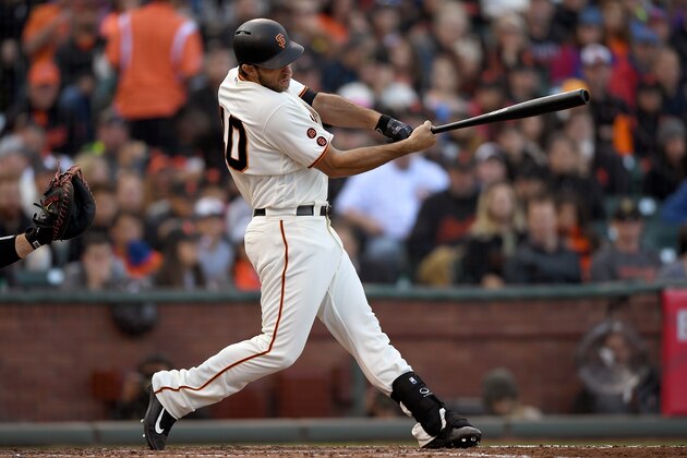 SAN FRANCISCO, CA - MAY 22: Madison Bumgarner #40 of the San Francisco Giants hits an rbi double scoring Gregor Blanco #7 against the Chicago Cubs in the bottom of the fifth inning at AT&T Park on May 22, 2016 in San Francisco, California. (Photo by Thearon W. Henderson/Getty Images) SAN FRANCISCO, CA - MAY 22: Madison Bumgarner #40 of the San Francisco Giants hits an rbi double scoring Gregor Blanco #7 against the Chicago Cubs in the bottom of the fifth inning at AT&T Park on May 22, 2016 in San Francisco, California. (Photo by Thearon W. Henderson/Getty Images)