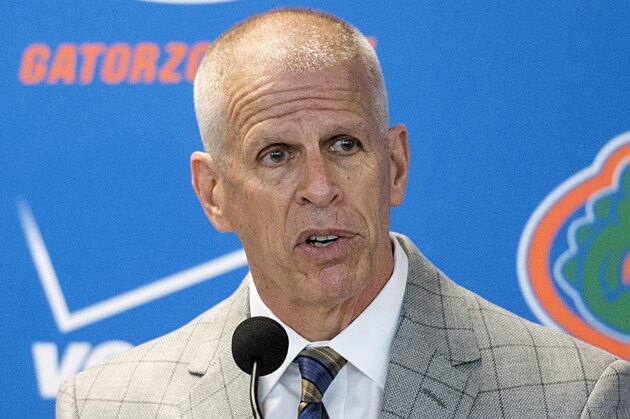 FILE - In this Dec. 6, 2014, file photo, Florida athletic director Jeremy Foley speaks to the media during a press conference in Gainesville, Fla. Foley, one of the most successful college sports leaders in the country the last 25 years, is retiring. The school announced his decision Monday, June 13, 2016, saying Foley will officially step down Oct. 1.(AP Photo/Phil Sandlin, File)