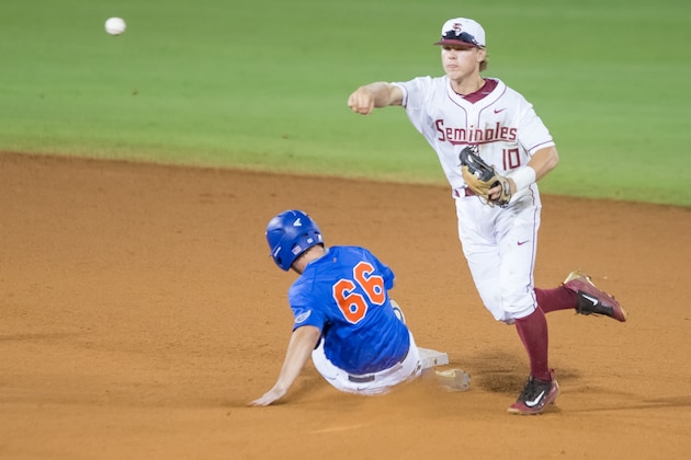 Florida State shortstop Taylor Walls (10) forces out Florida outfielder Ryan Larson (66) and throws to first to complete a double play in an NCAA super regional baseball game against Florida in Gainesville, Fla., on Sunday, June 12, 2016. Florida won 5-0 (AP Photo/Ronald Irby)