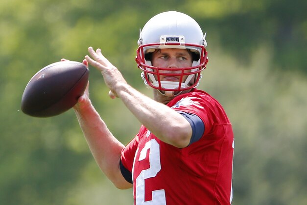 May 26, 2016; Foxborough, MA, USA; New England Patriots quarterback Tom Brady (12) throws during OTA's at Gillette Stadium. Mandatory Credit: Winslow Townson-USA TODAY Sports