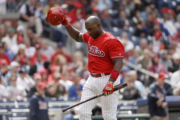 Philadelphia Phillies' Ryan Howard reacts after being struck out by Chicago Cubs' John Lackey during the seventh inning of a baseball game, Wednesday, June 8, 2016, in Philadelphia. Chicago won 8-1. (AP Photo/Matt Slocum)