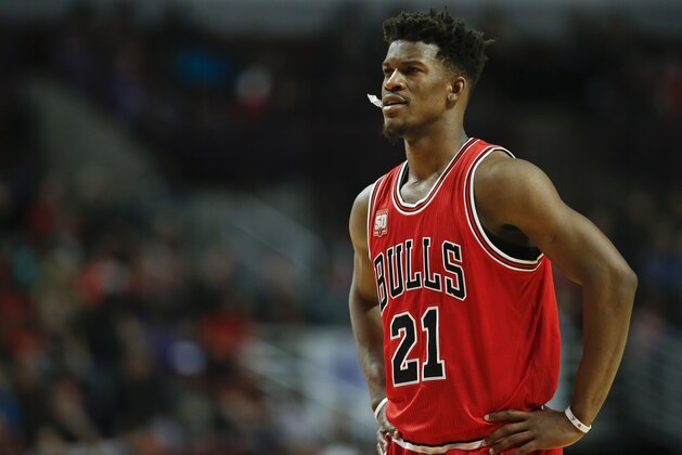 Chicago Bulls guard Jimmy Butler looks on against the Philadelphia 76ers during the second half of an NBA basketball game, Wednesday, April 13, 2016 in Chicago. The Bulls won 115-105. (AP Photo/Kamil Krzaczynski)