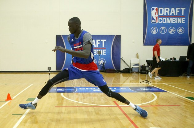 Thon Maker, from Orangeville Prep-Athlete Institute, participates in the NBA draft basketball combine Friday, May 13, 2016, in Chicago. (AP Photo/Charles Rex Arbogast)