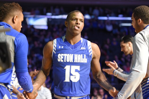 NEW YORK, NY - MARCH 12:  Isaiah Whitehead #15 of the Seton Hall Pirates during introductions of the Big East Men's Tournament Championship game against the Seton Hall Pirates at Madison Square Garden on March 12, 2016 in the city of New York.  The Pirates won 69-67.  (Photo by Mitchell Layton/Getty Images)