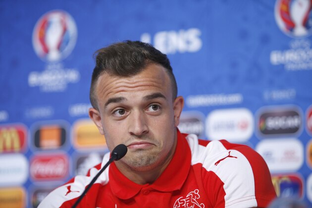 LENS, FRANCE - JUNE 10:  In this handout image provided by UEFA,  Xherdan Shaqiri of Switzerland pulls a face as he talks to the media during the Switzerland Press Conference at the Stade Bollaert-Delelis on June 10, 2016 in Lens, France. (Photo by Handout/UEFA via Getty Images)