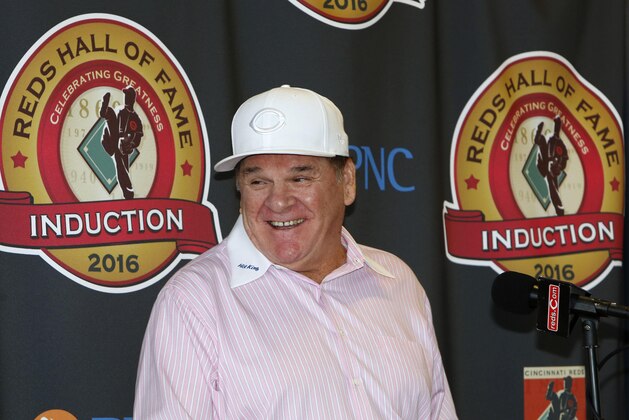 Jan 19, 2016; Cincinnati , OH, USA; Cincinnati Reds former player/manager Pete Rose laughs during a news conference at Great American Ballpark. Rose will be inducted into the Cincinnati Reds Hall of Fame for the the weekend of June 24-26 of the 2016 season. Mandatory Credit: David Kohl-USA TODAY Sports