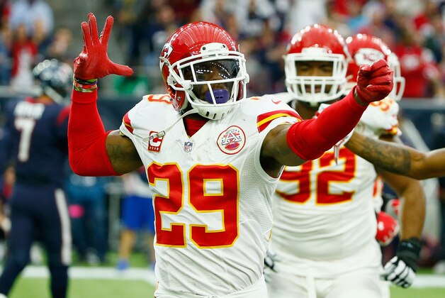 HOUSTON, TX - JANUARY 09:  Eric Berry #29 of the Kansas City Chiefs celebrates his first quarter interception against the Houston Texans during the AFC Wild Card Playoff game at NRG Stadium on January 9, 2016 in Houston, Texas.  (Photo by Scott Halleran/Getty Images)