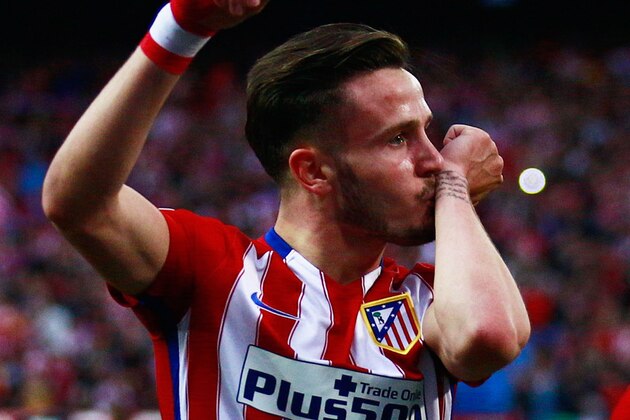 MADRID, SPAIN - APRIL 27:  Saul Niguez of Atletico Madrid celebrates as he scores their first goal during the UEFA Champions League semi final first leg match between Club Atletico de Madrid and FC Bayern Muenchen at Vincente Calderon on April 27, 2016 in Madrid, Spain.  (Photo by Gonzalo Arroyo Moreno/Getty Images)