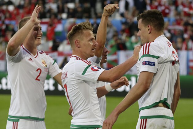 Hungary's Adam Szalai, right, celebrates with teammates after scoring, during the Euro 2016 Group F soccer match between Austria and Hungary at the Nouveau Stade in Bordeaux, France, Tuesday, June 14, 2016. (AP Photo/Petr David Josek)