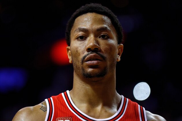 MIAMI, FLORIDA - APRIL 07:  Derrick Rose #1 of the Chicago Bulls looks on during a game against the Miami Heat  at American Airlines Arena on April 7, 2016 in Miami, Florida.  NOTE TO USER: User expressly acknowledges and agrees that, by downloading and or using this photograph, User is consenting to the terms and conditions of the Getty Images License Agreement.  (Photo by Mike Ehrmann/Getty Images)
