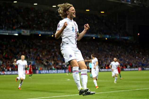 SAINT-ETIENNE, FRANCE - JUNE 14:  Birkir Bjarnason of Iceland celebrates scoring his team's first goal during the UEFA EURO 2016 Group F match between Portugal and Iceland at Stade Geoffroy-Guichard on June 14, 2016 in Saint-Etienne, France.  (Photo by Clive Brunskill/Getty Images)