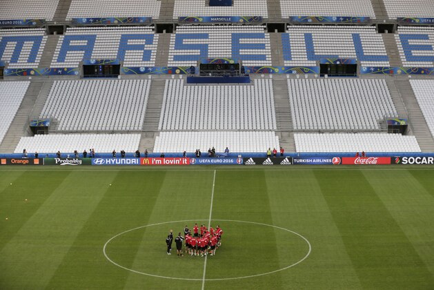 Albania soccer team gather during a training session at the Velodrome stadium, in Marseille, France, Tuesday, June 14, 2016. Albania will face France in a Euro 2016 Group A soccer match on Wednesday. (AP Photo/Ariel Schalit)