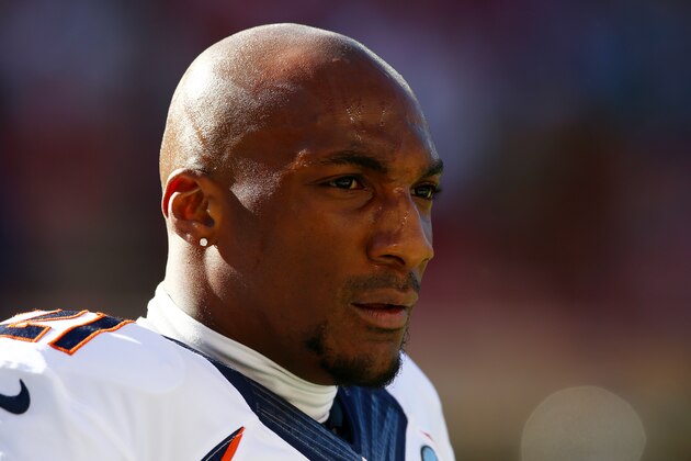 SANTA CLARA, CA - FEBRUARY 07:   Aqib Talib #21 of the Denver Broncos warms up prior to playing in Super Bowl 50 at Levi's Stadium on February 7, 2016 in Santa Clara, California.  (Photo by Ronald Martinez/Getty Images)