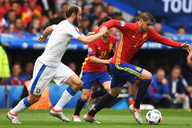 TOULOUSE, FRANCE - JUNE 13: Alvaro Morata of Spain and Roman Hubnik of Czech Republic  during the UEFA EURO 2016 Group D match between Spain and Czech Republic at Stadium Municipal on June 13, 2016 in Toulouse, France.  (Photo by Dennis Grombkowski/Getty Images)
