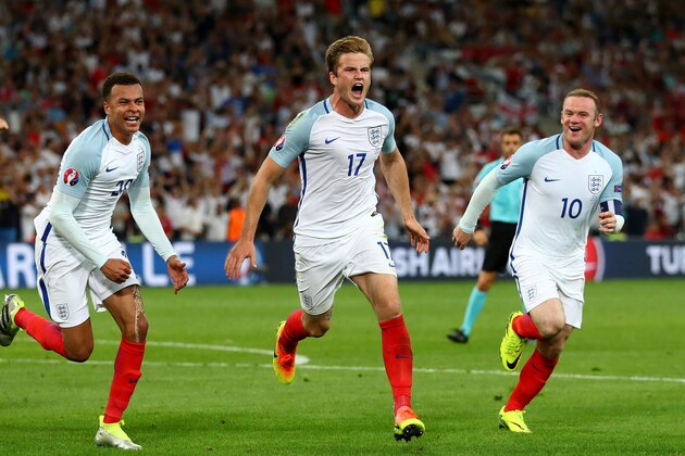 MARSEILLE, FRANCE - JUNE 11:  Eric Dier (C) of England celebrates scoring his team's first goal with his team mates Dele Alli (L) and Wayne Rooney (R) during the UEFA EURO 2016 Group B match between England and Russia at Stade Velodrome on June 11, 2016 in Marseille, France.  (Photo by Lars Baron/Getty Images)