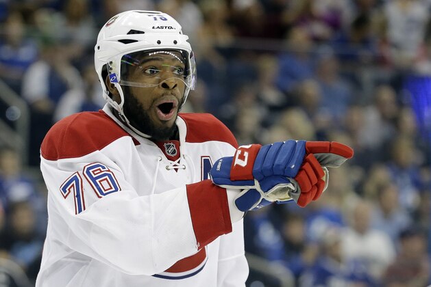 Montreal Canadiens defenseman P.K. Subban during the second period of an NHL hockey game against the Montreal Canadiens Monday, Dec. 28, 2015, in Tampa, Fla. (AP Photo/Chris O'Meara)